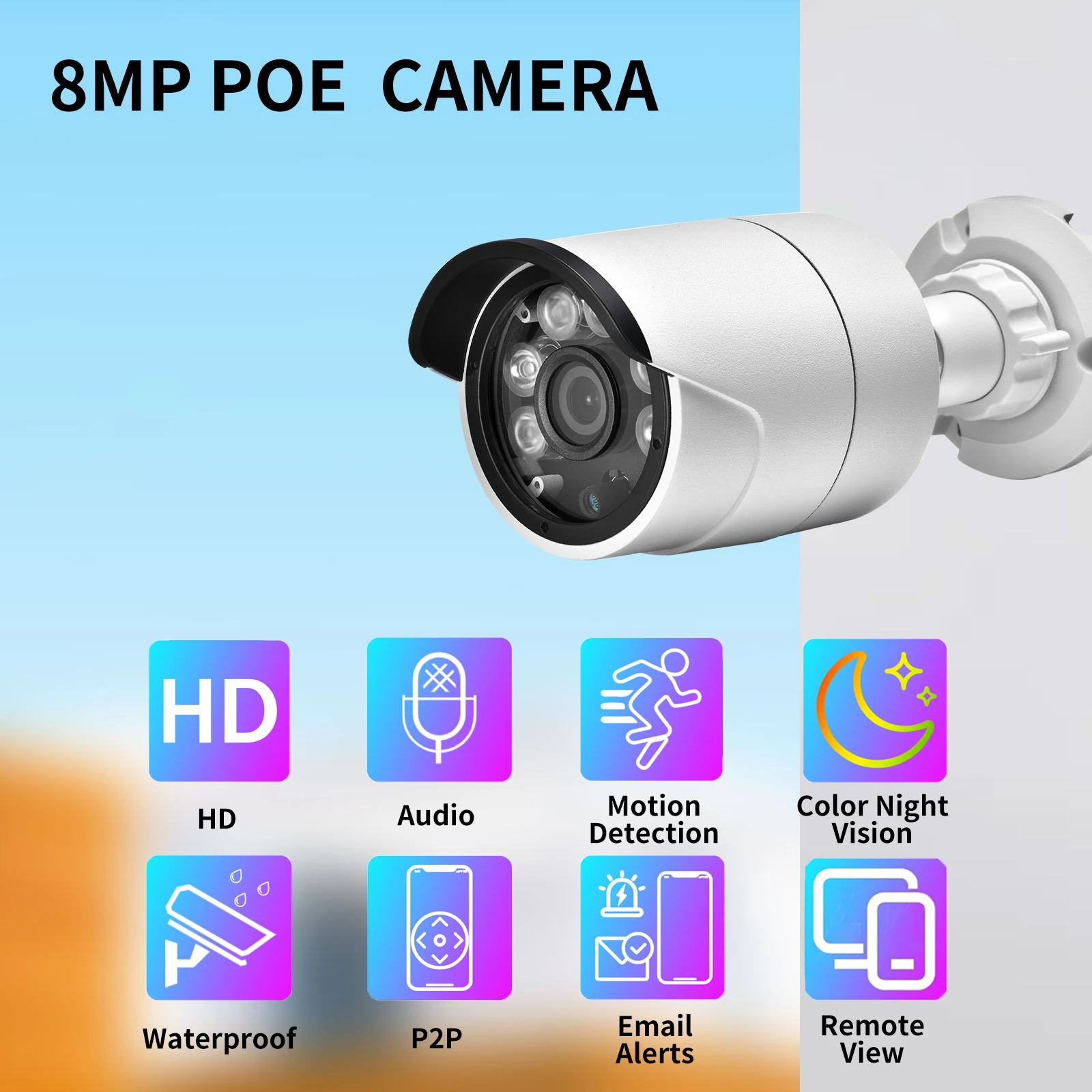 Gadinan 8MP 48V POE IP Bullet Camera Outdoor Waterproof Dual Light Source Color Night CCTV Camera Featured with Motion Detection