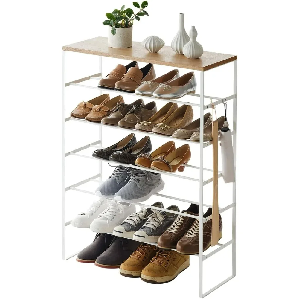 6 Tier Wood Top Shoe Rack Steel One Size White Shoe Shelf