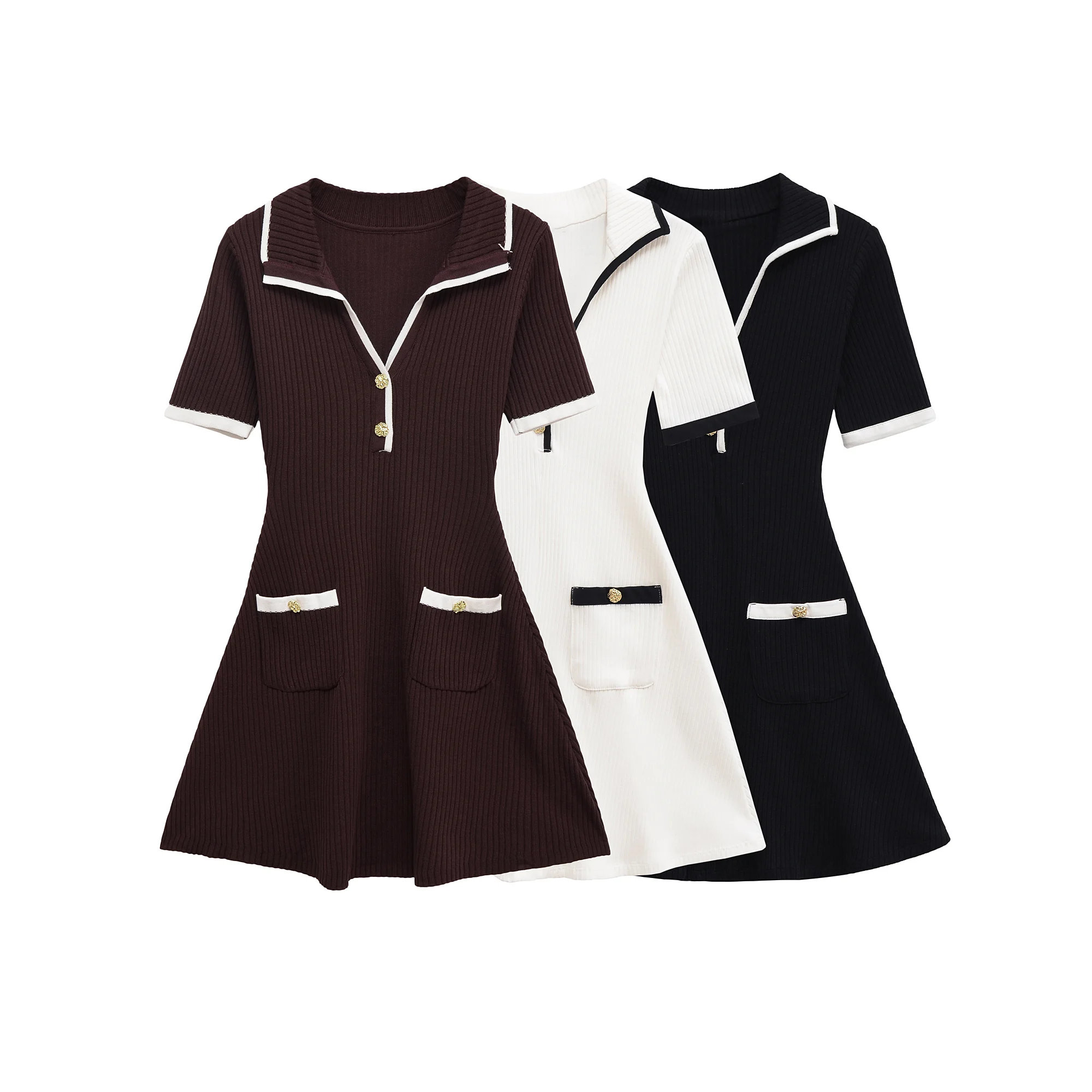 2025 가을 신상 여성 슬림핏 V넥 스타일 숏 스커트 허리 조절 메탈 버튼 골지 원피스 캠퍼스룩