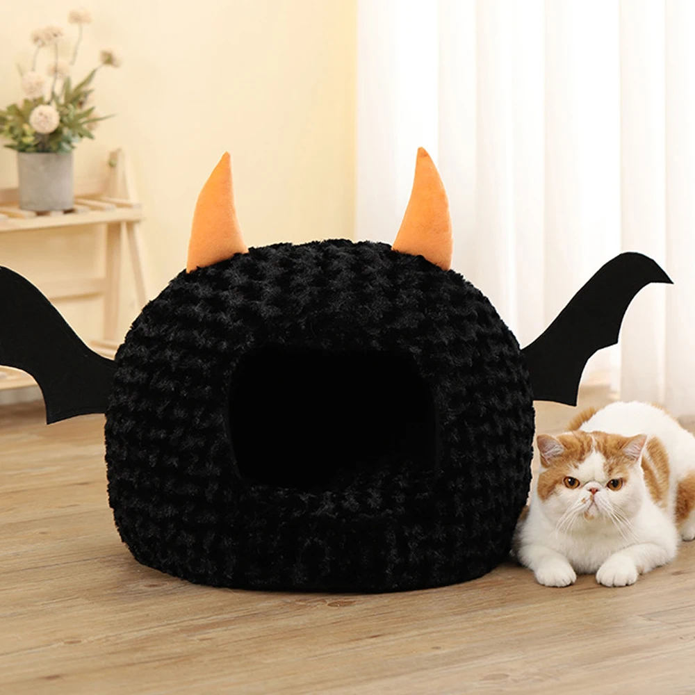 Halloween Pet Nest Winter Warm Cat Bed Fun Cartoon Little Devil Dog House Semi enclosed Cushion  Loop Velvet Tent Waterproof Mat