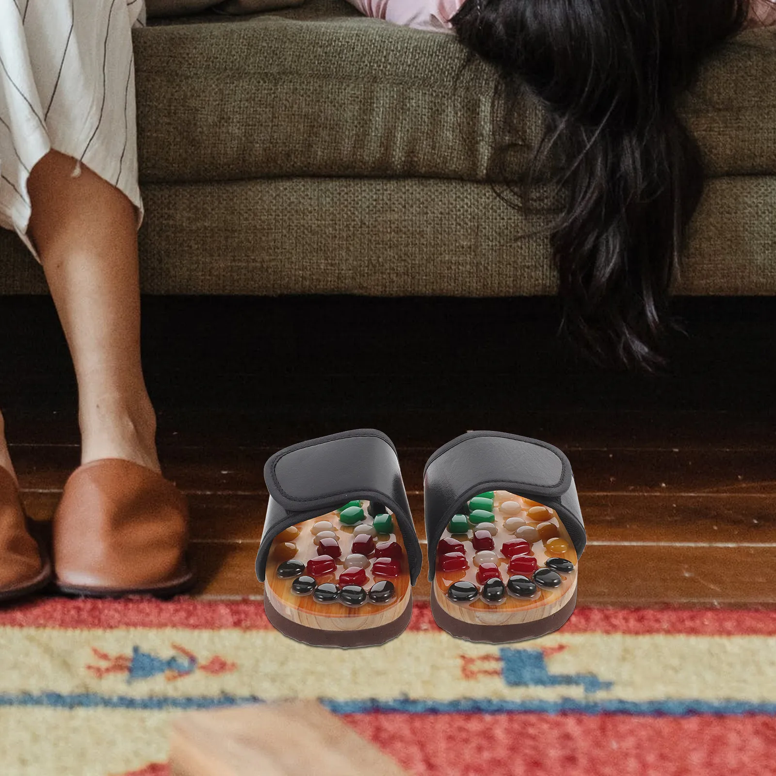 

Massage Slippers Black Size 35-36 Foot Acupoint Relax Sandals Natural Jade Cobblestone Design Professional Foot Health Massage