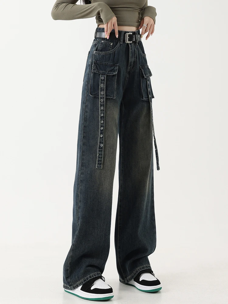 High Street Dark Blue Vintage Designer Jeans Women 2023 New High Waist Wide Leg Straight Denim Trousers Female Harajuku Pants