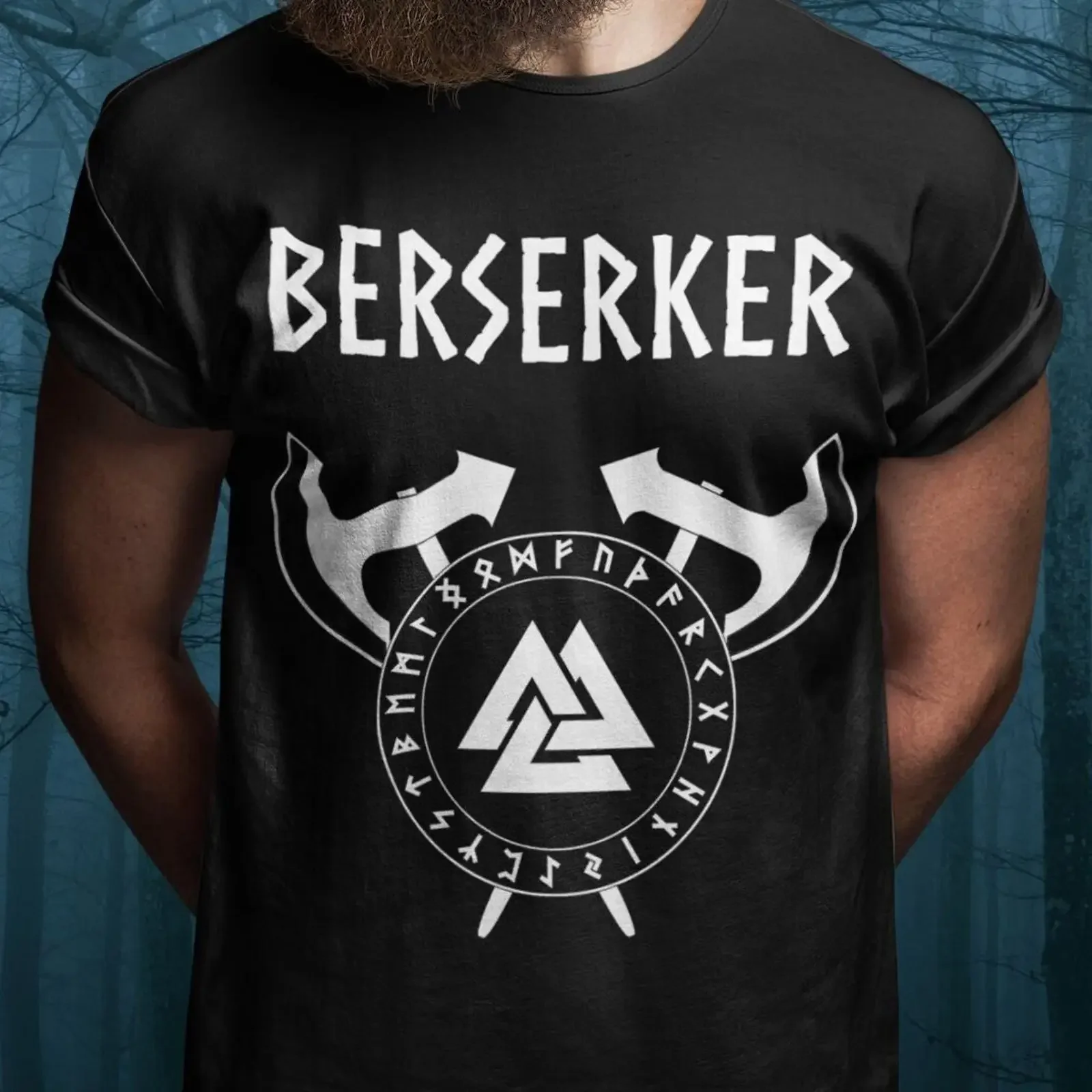 Viking Berserker Axes with Norse Runes Valknut T shirt vintage Washed Stylish Stretched Versatile Casual Breathable streetwear
