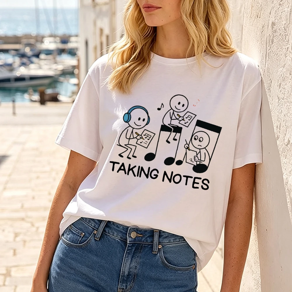 Headphones Taking Notes Music Women Cotton T-Shirt Creative Stick Figure Art Print Summer Casual Top Graphic Tee