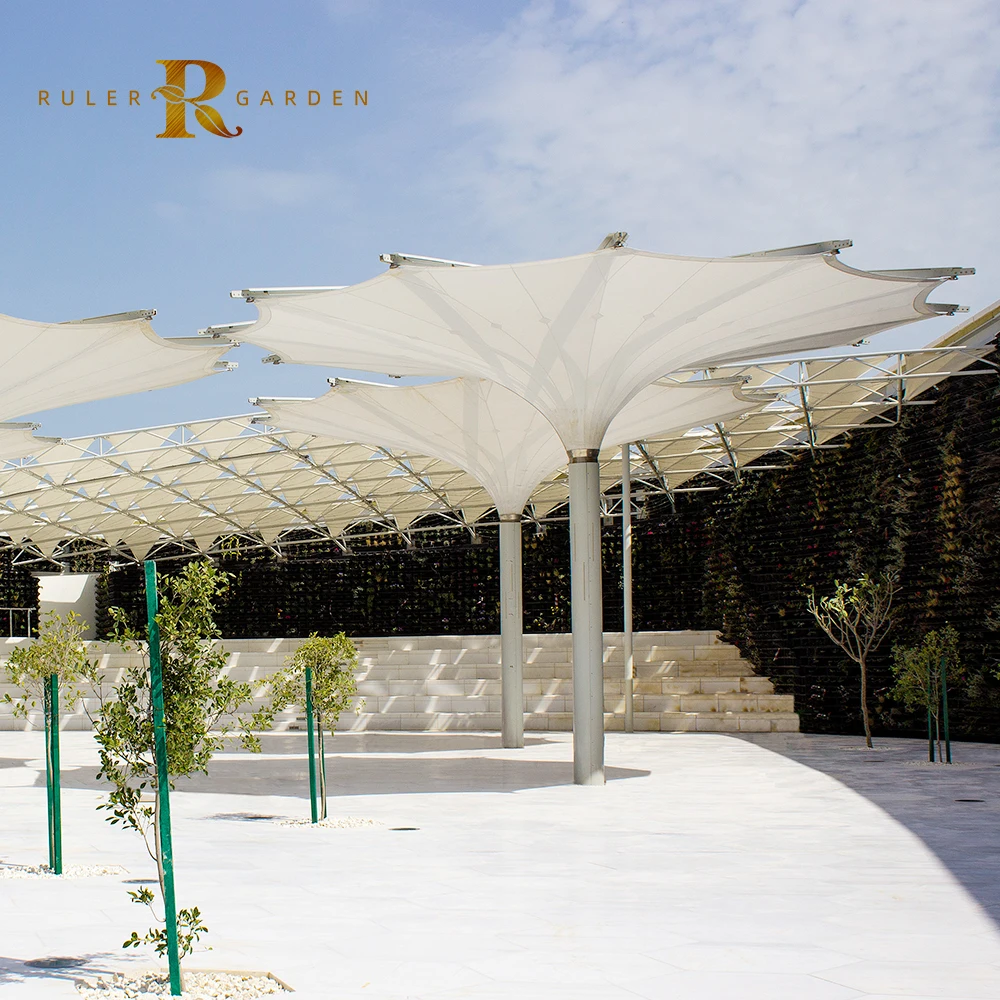 Prefabricated Walkways Automatic Durable PVC Membrane Structures Outdoor Electric Folding Sun Shelter Structures Tulip Umbrella