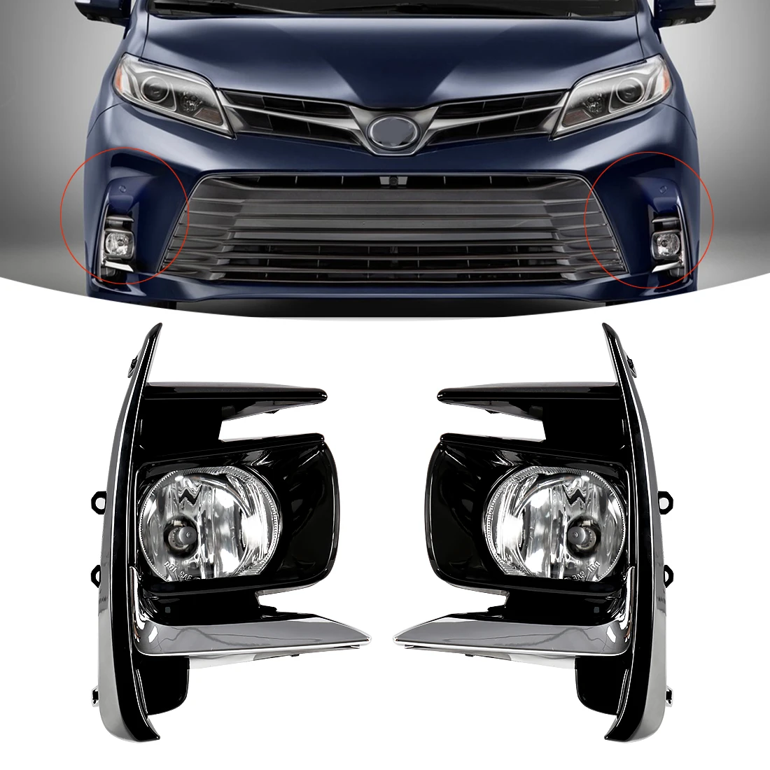 

For Toyota Sienna 2018 2019 2020 Car Front Bumper Fog Lamp Assembly Driving Light Chrome Trim Cover H11 Fog Lights Accessories