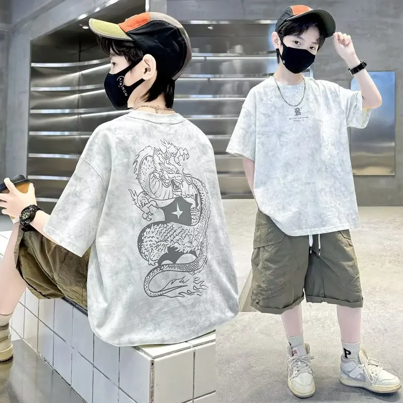 Boys Cotton Stripe T-shirt High Quality Kids Clothes Summer White Short Sleeve Tees Breathable and Colorfast Boys Tops 7-13Y