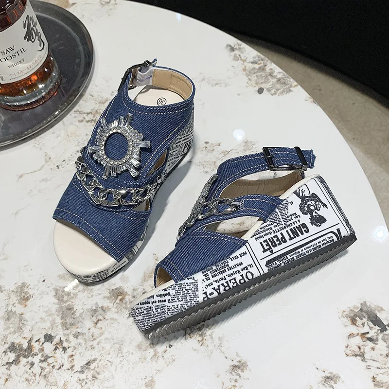 Fashion Wedges Rhinestone Design Slippers Shoes Women New Summer Flat Women Blue Slope Heel Slippers Ladies Denim Beach Sandal