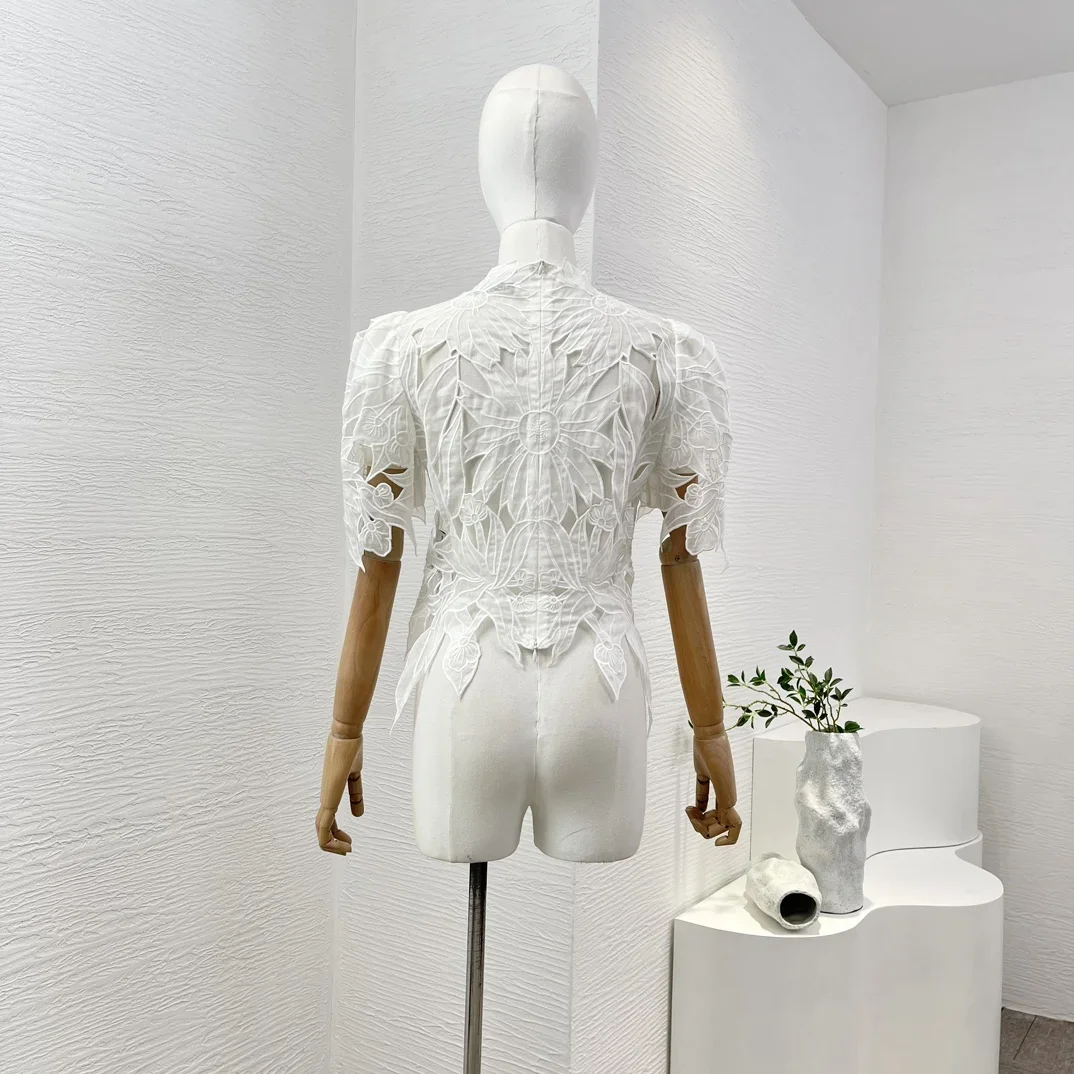 2024 New Summer Fashionable Black Embroidery Hollow Out Short Sleeve Women All-matching White Blouse Tops