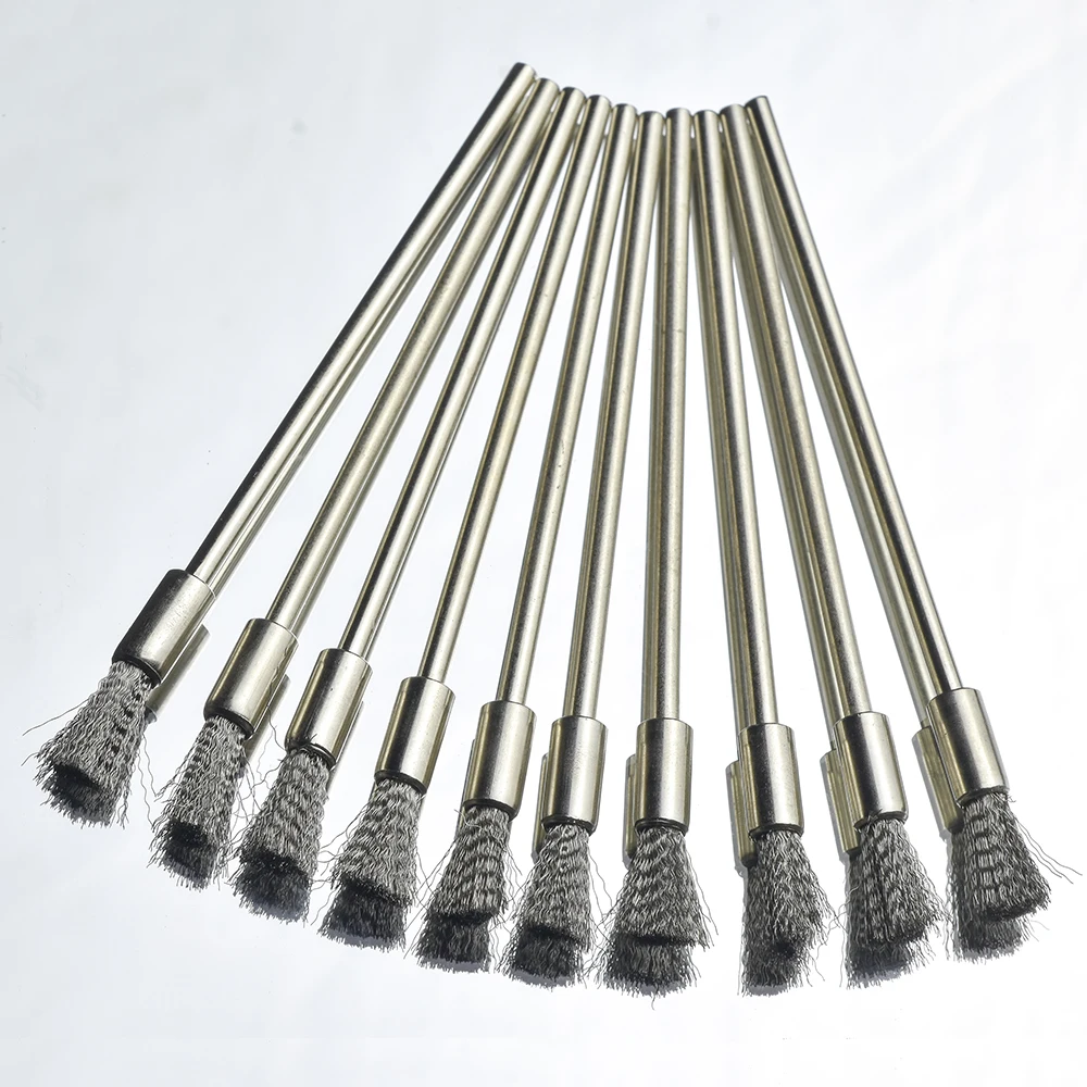 10Pc Stainless Steel Wire End Brush Pen Shape Bristle Scratch Brushes Extension Rod 1/8\