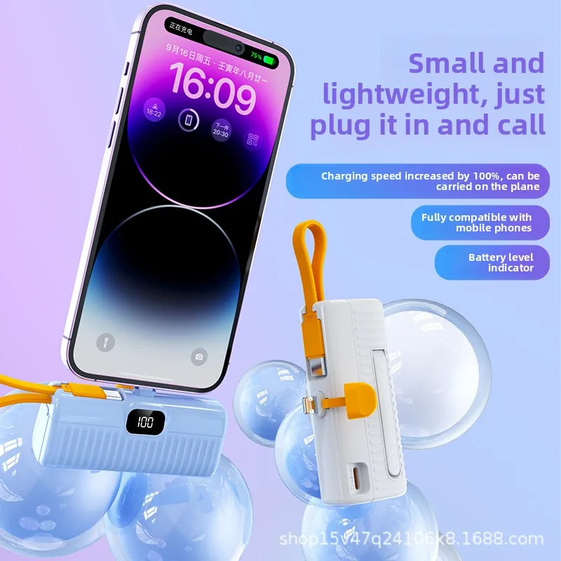 5000mAh Large Capacity Mini Capsule Power Bank with Built-in Cable for Fast Charging Pocket Compact Digital Display Power Bank