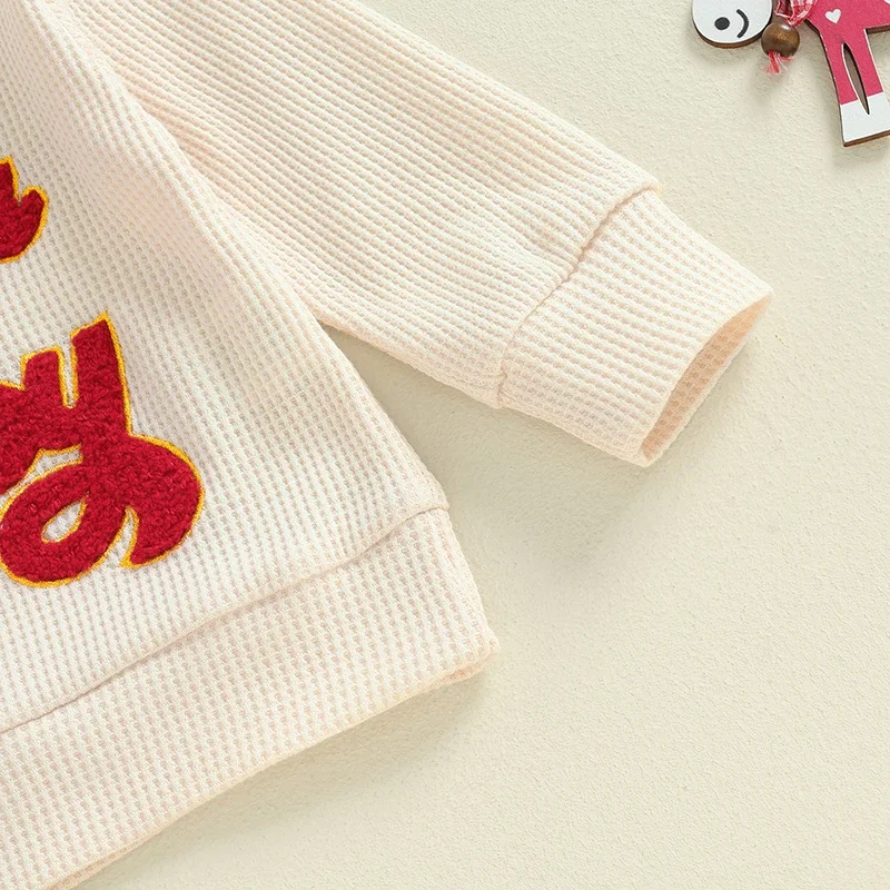 Baby Boy Girl Christmas Waffle Outfit Letter Embroidery Long Sleeve Sweatshirt Elastic Waist Pants 2 Piece Set image 5