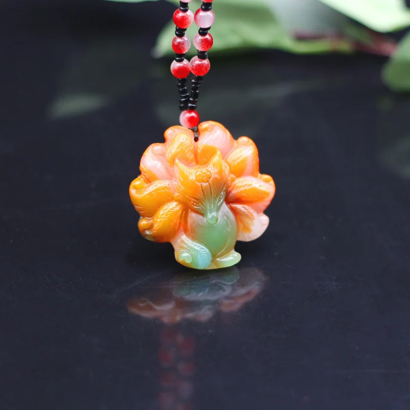 Natural Color Jade Pendant Nine Tailed Fox Necklace Fashion Charm Jewelry Chinese Carved Accessories Amulet Gifts for Men Women