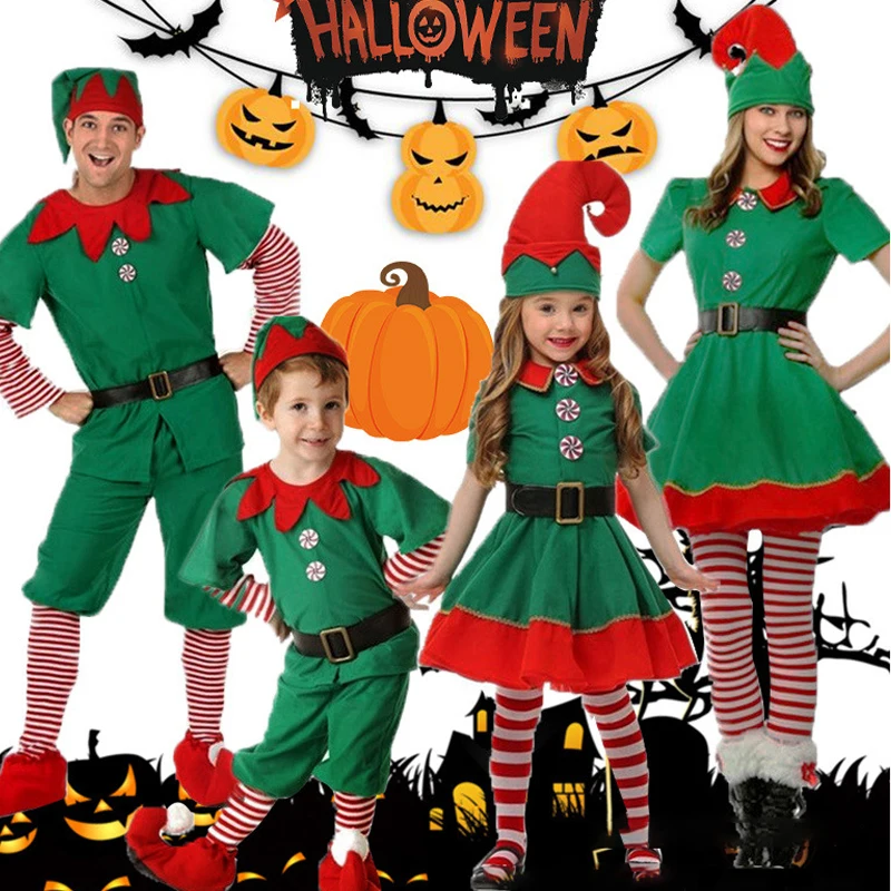 2024 Christmas Elf Costume Boys Girls Xmas Santa Claus Green Elf Dress For Kids Adults Family Matching Outfits Cosplay Clothing