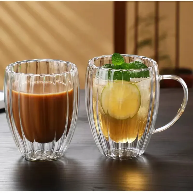 Tasse en verre à double paroi à rayures, haute teneur en borosilicate, degré de chaleur, standardisation de l'eau, tasse transparente pour jus, café, eau, verres