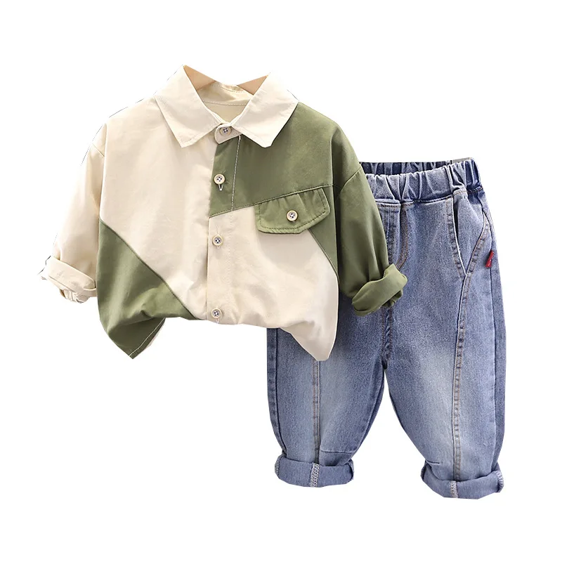 2023 Korean Spring Autumn Children Boy Two Piece Clothes Set Long Sleeve Spliced Shirt Jeans Pants Suit Toddler Baby Boy Outfit