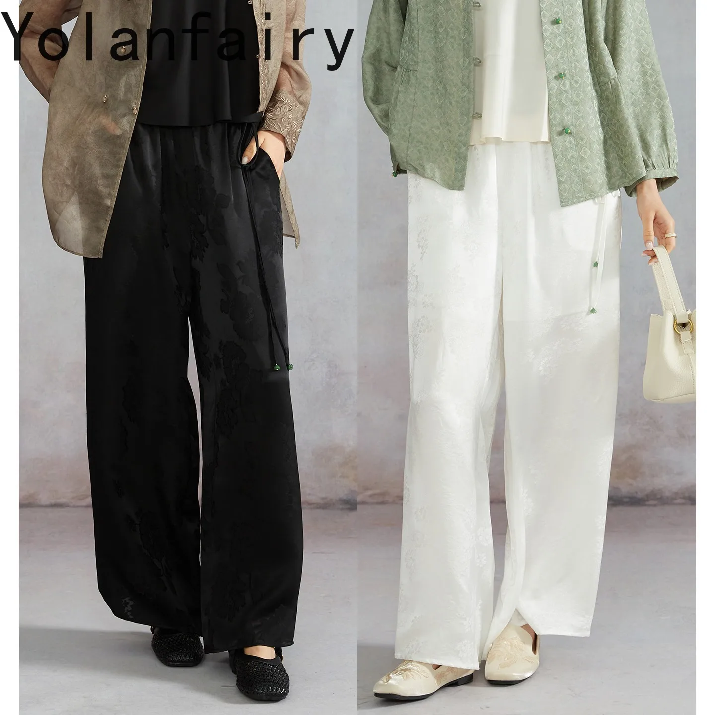 YOLANFAIRY Women 100% Mulberry Silk Hollow Luo Jacquard Pants Elastic Waist Drawstring Wide Leg Straight Casual Pants Trousers