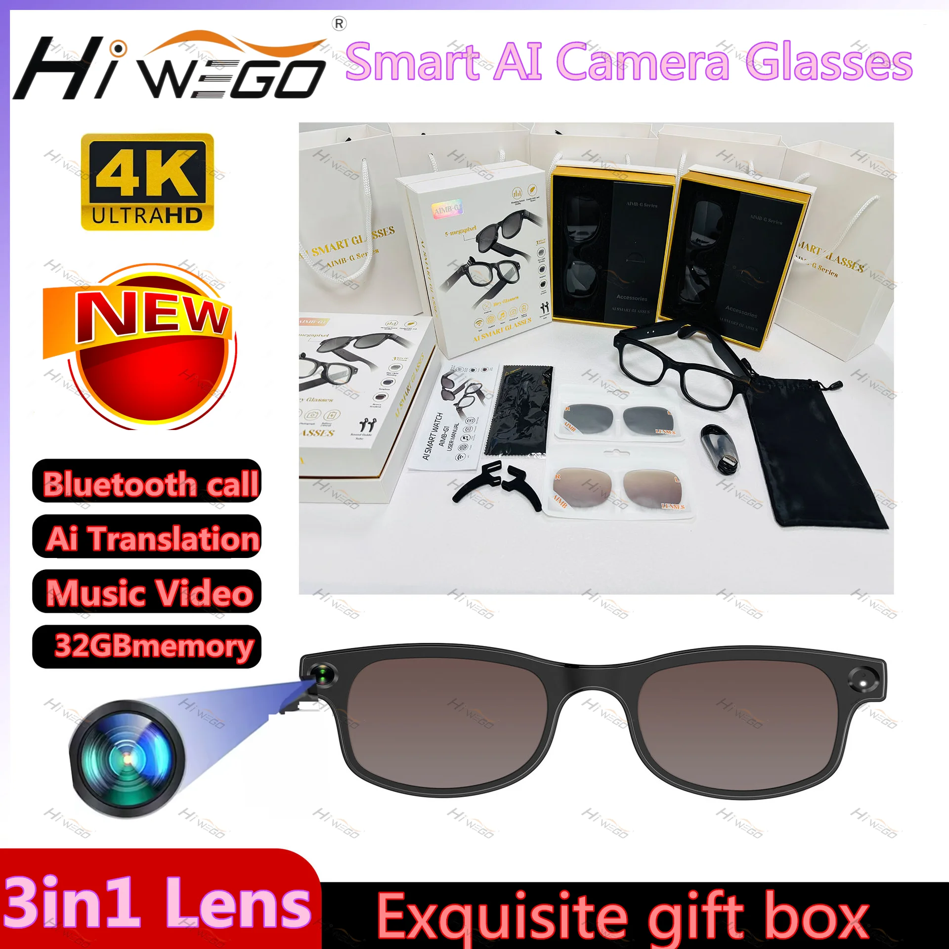 

Hiwego New 3IN1 Voice Assistant AI Translation 4K HD Camera Bluetooth Call Outdoor Sports Headphones Sunglasses For Men Women