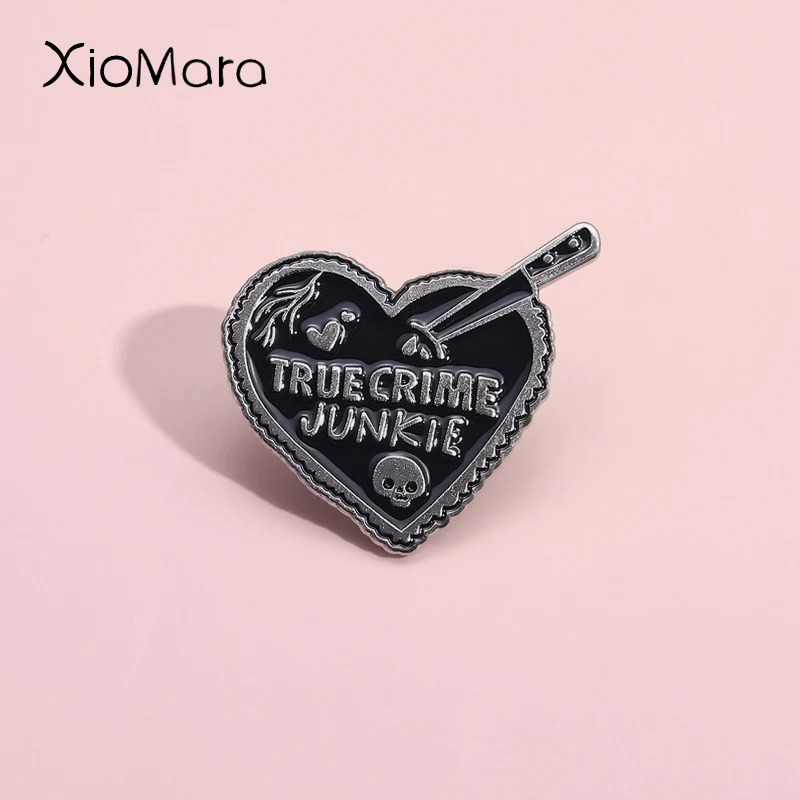 True Crime Junkie Enamel Pin Halloween Gothic Dagger Stabs Into The Heart Brooch Lapel Badge Shirt  Punk Jewelry Gift For Friend