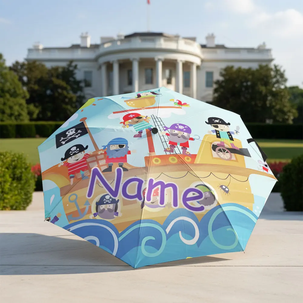 Custom Name umbrella,Kid's Pirate Adventure Cartoon Folding Umbrella with Colorful Ship and Sea for Sunny and Rainy Days,Gift