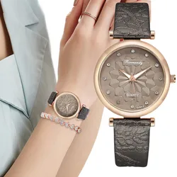 Luxe Dames Horloge Ruit Bloemen Wijzerplaat Vrouwen 2023 Mode Quartz Horloges Elegant Patroon Vrouwelijke Polshorloges Lederen Klok