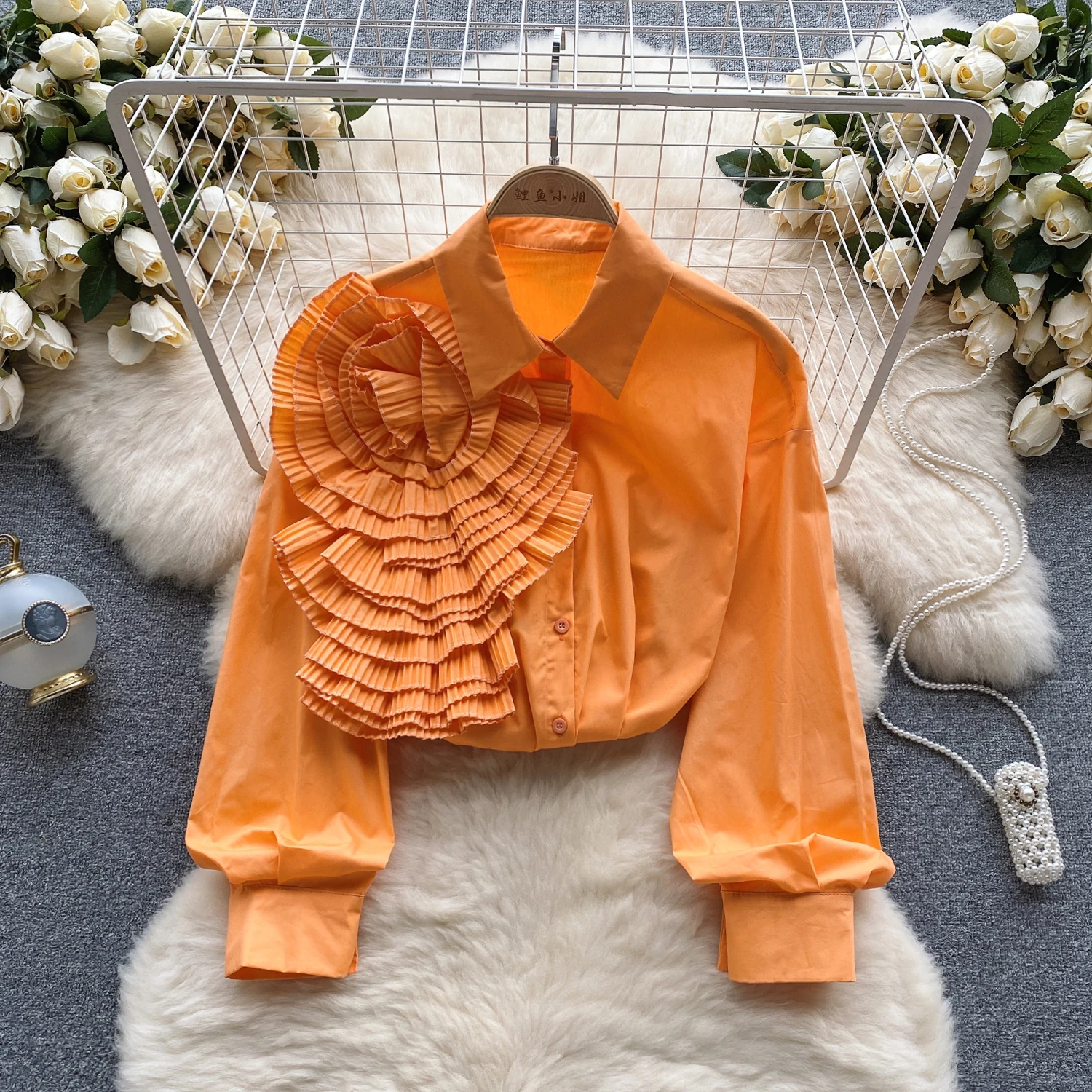Chic Elegant Three-dimensional Floral Long Sleeve Loose Top Vintage Korean Ruffle Camis Fairy Crop Top Autumn Women Clothing