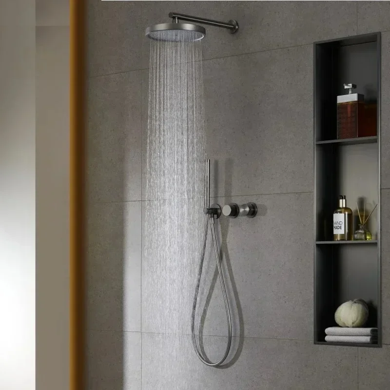 Brass Concealed Wall Mounted Gun Gray Bathroom Shower Faucet Kit Bath Tap with Hand Shower Embedded Rain Shower Faucet Set