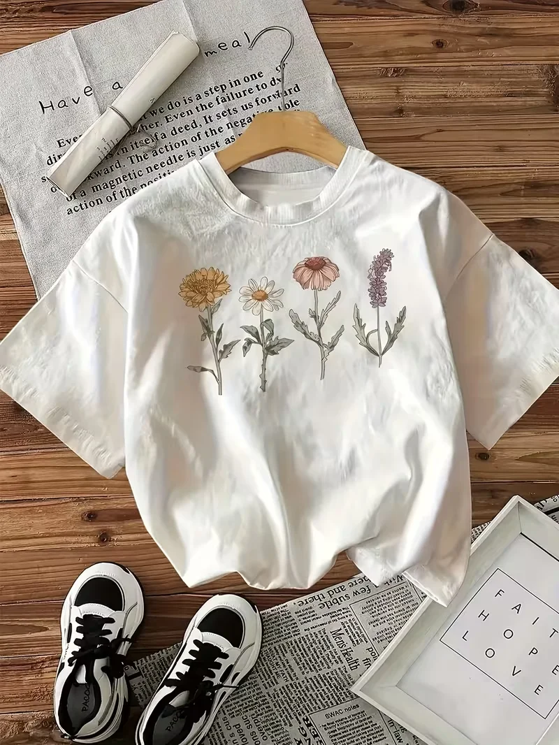 Cute Wildflower Floral Graphic T-Shirt, Aesthetic Four Flowers Botanical Tee, Whimsical Summer Short Sleeve Top for Women