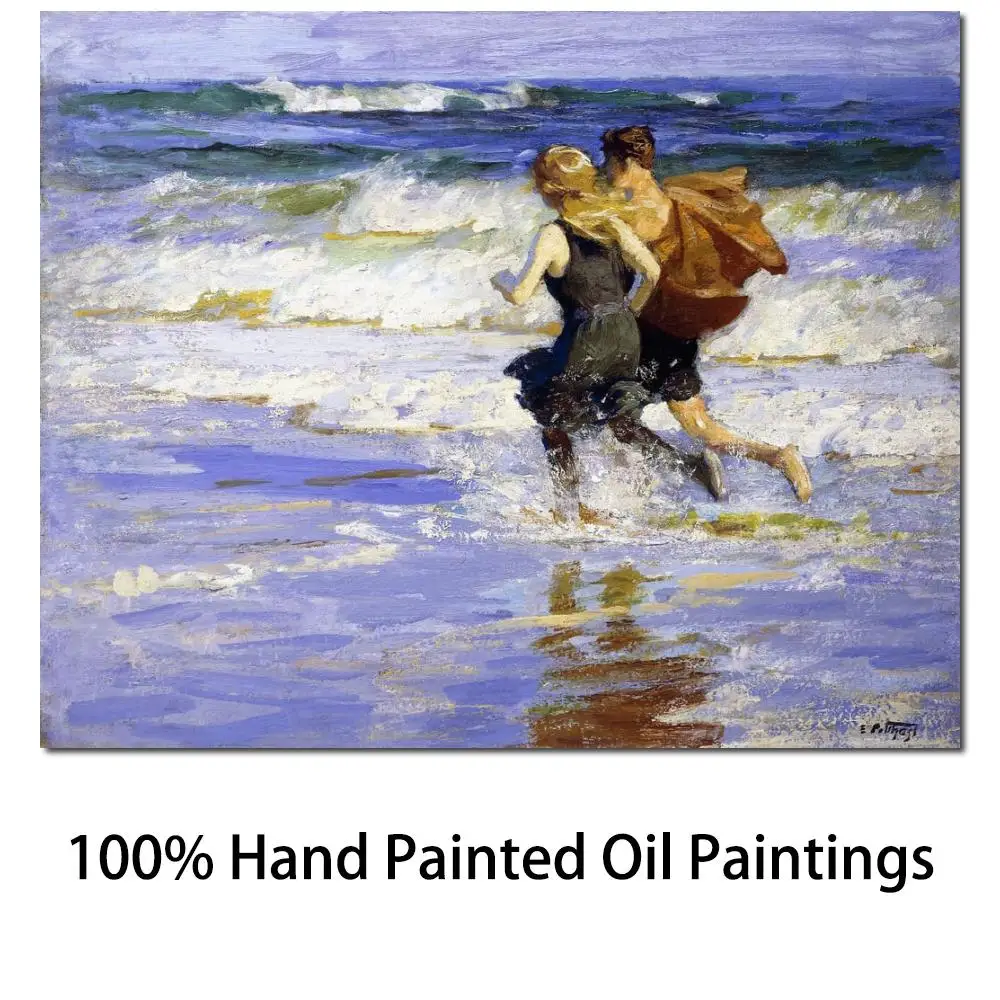 Beach Painting Textured Canvas Art Bathers Playing Handmade Edward Henry Potthast Artwork Modern Kid Room Bathroom Home Decor