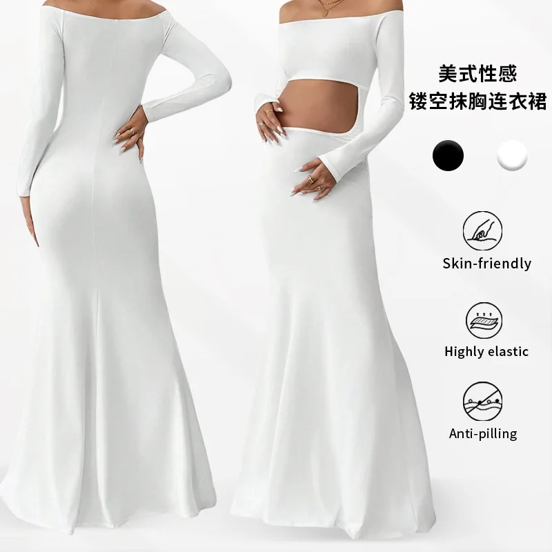 2025 Studio Photo One-word Shoulder Mopping Floor Sexy Slim Fit Fashion Solid Color Long-sleeved Belly Maternity Dress