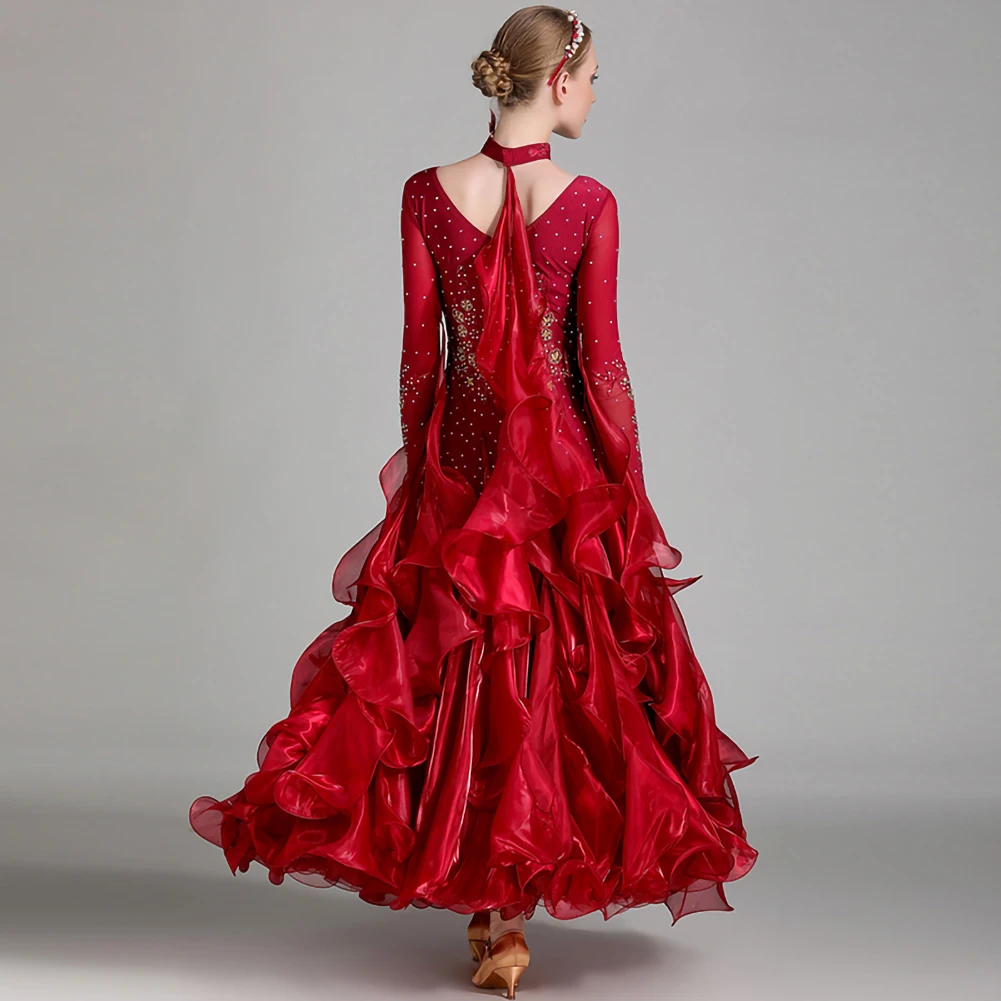 Abiti da ballo Abiti da competizione standard verde scuro Stelle filanti Abito da ballo da sala Torneo Costume di scena rosa Decalcomanie rosse