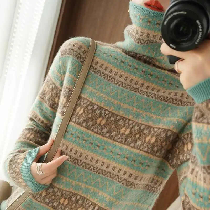 

Fashion Casual Elegant Commuter Long Sleeve Tops 2025 Autumn and Winter Women's Pullover Turtleneck Printing Patchwork Underlay