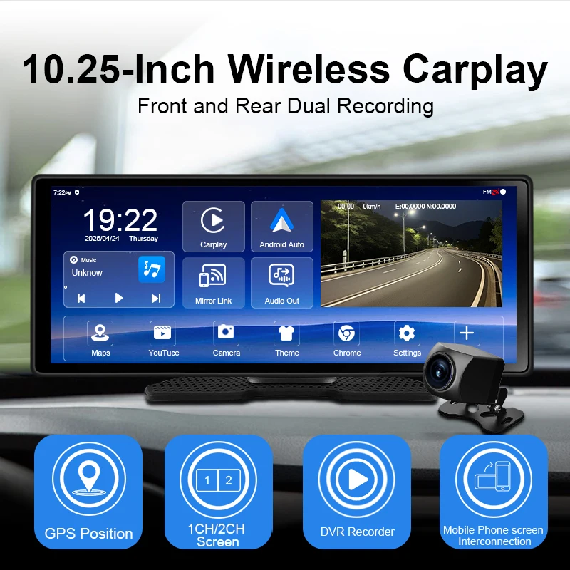 10.25 inch WIFI Android Carplay, Google GPS Navigator Multi-Media Player Universal Car, Wireless Front and Rear Dual Dash Cam