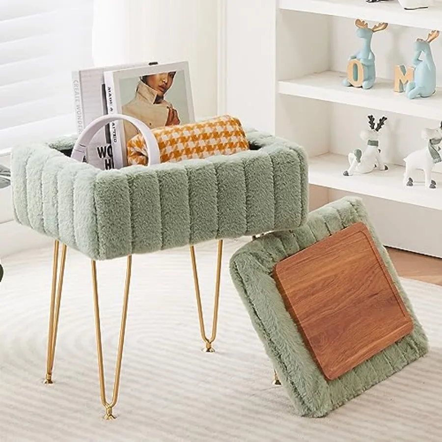 

Faux Mink Fur Storage Ottoman Modern Soft Footstool Storage Bench with Metal Legs Vanity Seat Fur Stool Ottoman Coffee Table Ma