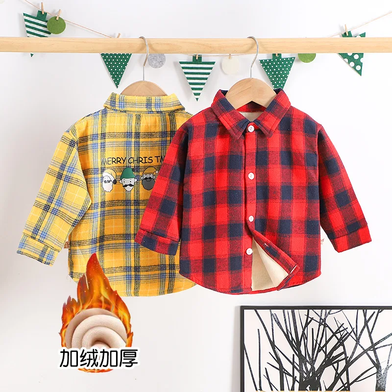 Winter Fleece Warm Baby Boys Shirts Plaid Korean Children\'s Shirt Jacket Designer Boys Tees Kid Blouses And Shirts Boy Clothes