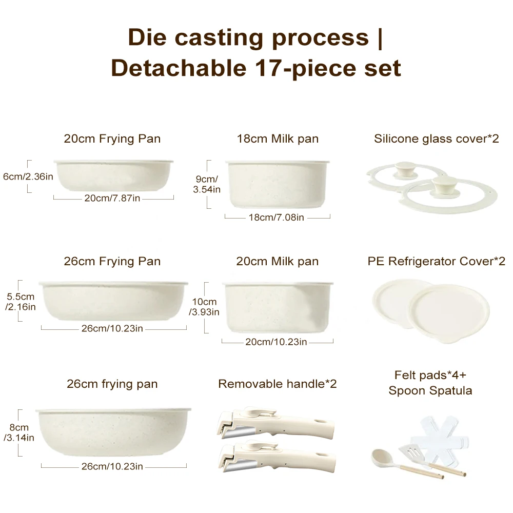 DFITO 5-delige/17-delige antiaanbak kookset beige, pannenset met afneembare handgrepen, ruimtebesparende stapelbare kookset, ovenbestendig