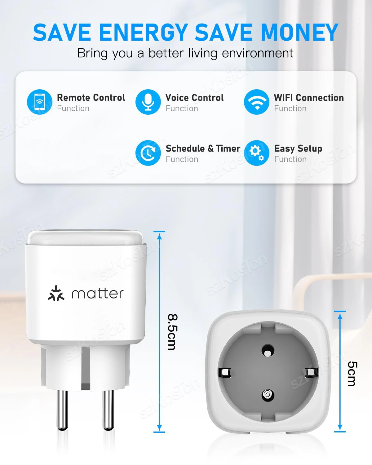 16A Matter WiFi Smart Socket Home Appliance Mini Smart Plug Adapter APP Control Timer Works with HomeKit Siri Alexa Google