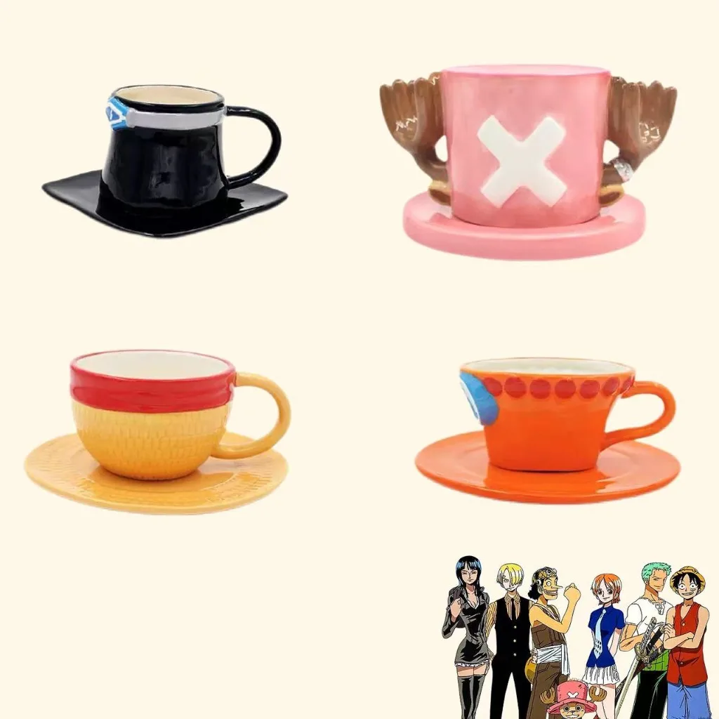 One Piece Character Ceramic Cup Saucer Set 4pcs Anime Cartoon Cute Hat Horn Pattern Coffee Tea Mug Gift Box   Decor Collection