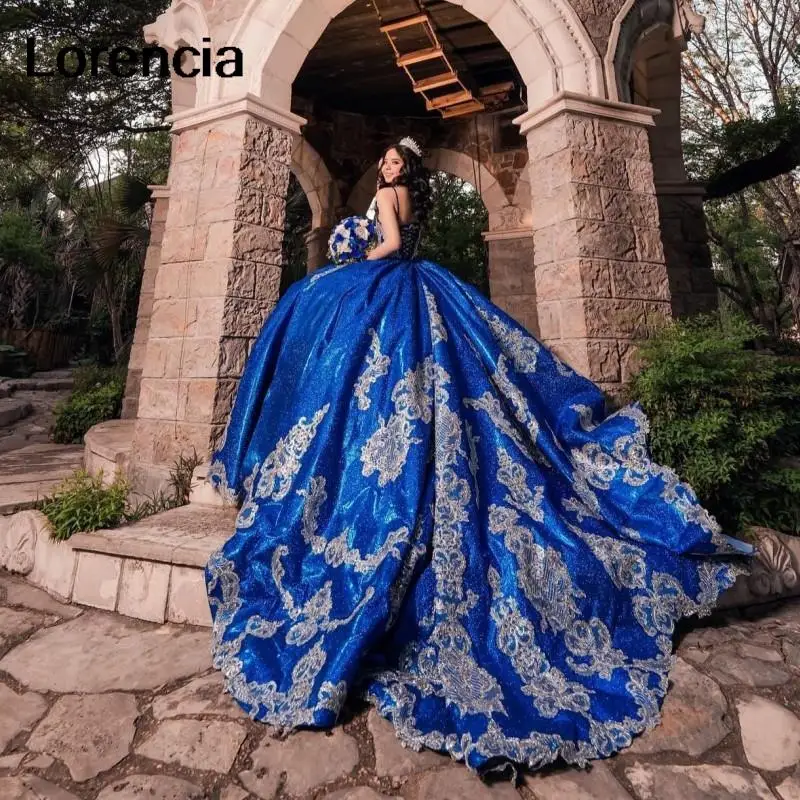 

Lorencia Elegant Royal Blue Quinceanera Dress Lace Applique Beading Spaghetti Mexico Corset Sweet 16 Vestidos De 15 Años YQD593