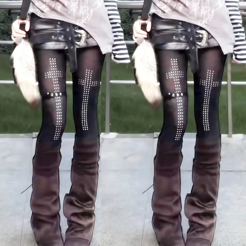 

Эстетичные колготки с крестообразными стразами, винтажные, в стиле субкультуры, эластичные леггинсы, для дерзких девушек, в стиле хип-хоп Y2K, для косплея, чулки