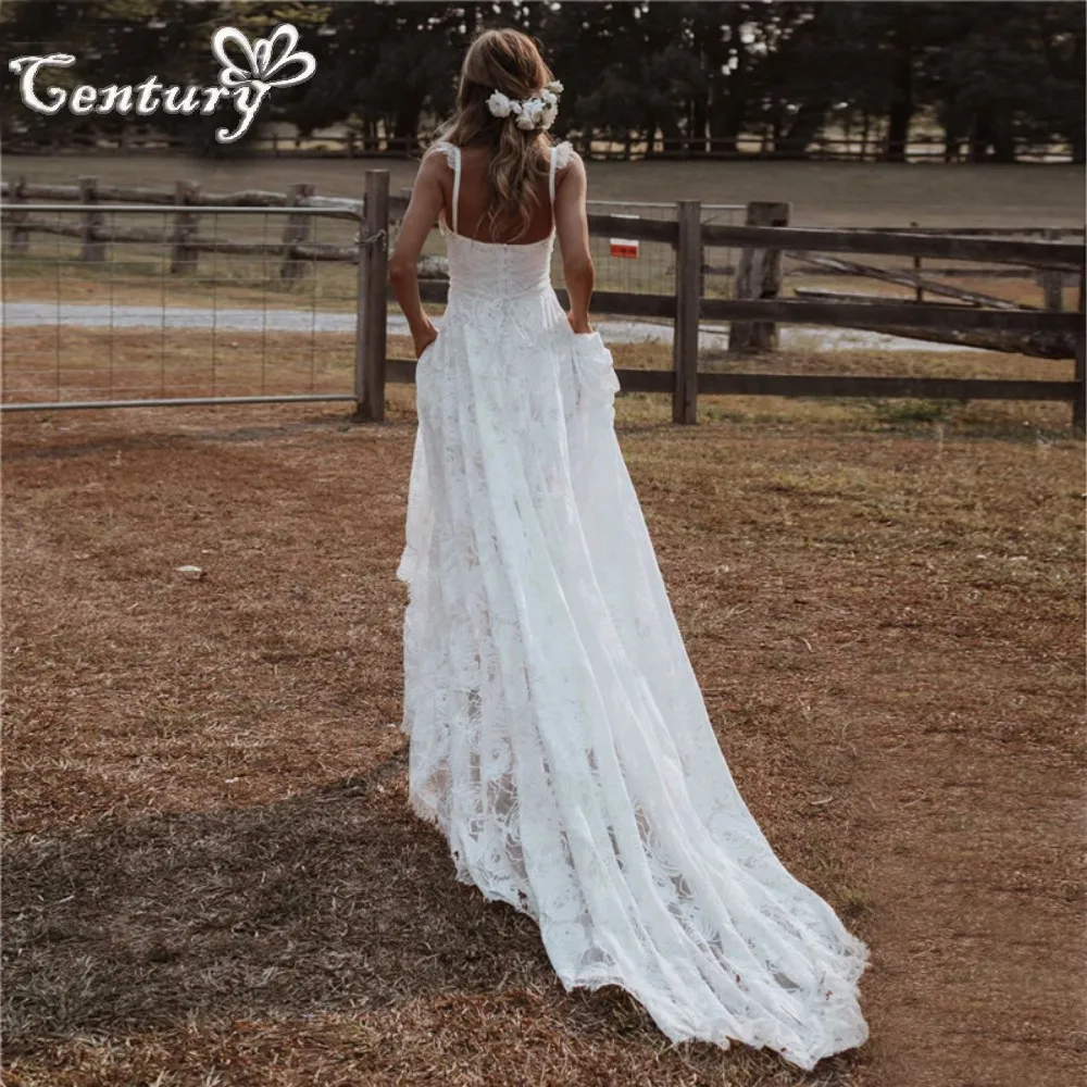 

Rustic Boho Wedding Dresses 2025 Straps Sweetheart Backless A Line Lace Bohemia Bridal Gowns for Women Bride Customized