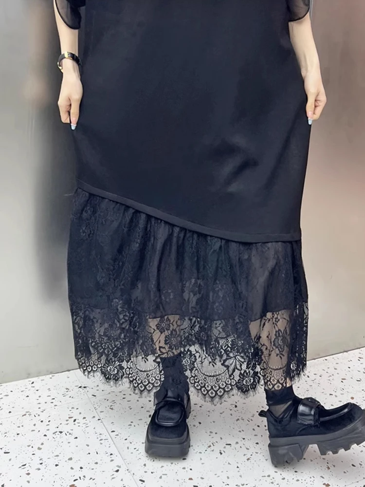 XITAO Black Casual Dress Loose Fashion Lace Patchwork Hem Loose Simplicity Women Short Sleeve Dress 2024 Summer New HQQ2330