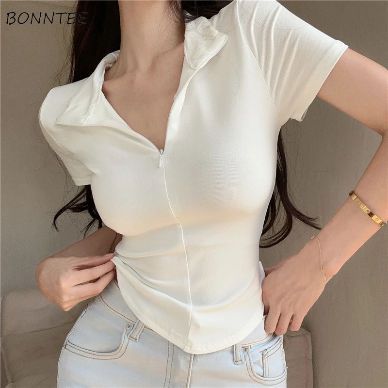 Cotton T-shirts Women Summer Skinny Sexy Casual Tops Girls Streetwear All-match Simple Zipper Stretchy Attractive Pure Daily