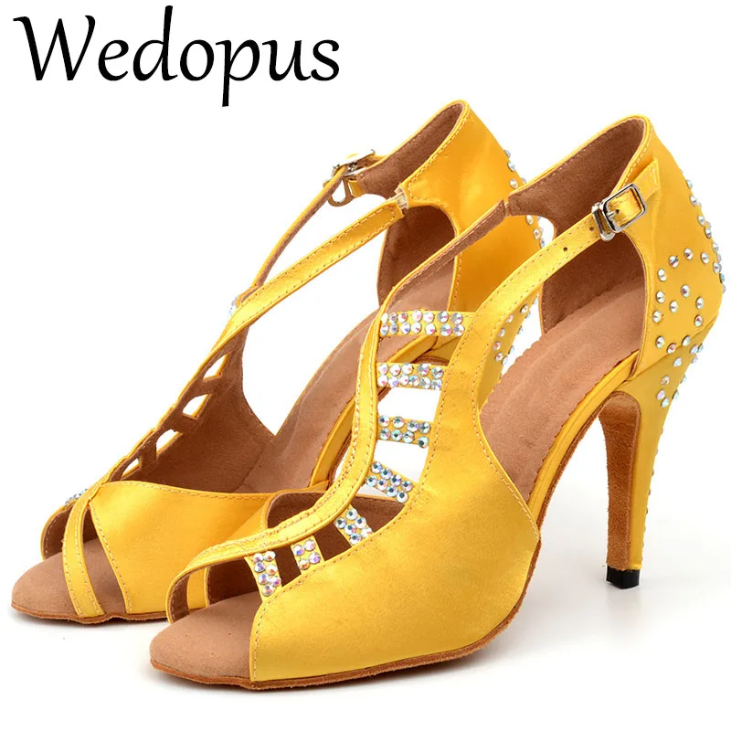Wedopus, zapatos de baile de salón personalizados para mujer, tacones de baile de satén amarillo Diamanter, zapatos de baile de Salsa con suela de ante de 10CM
