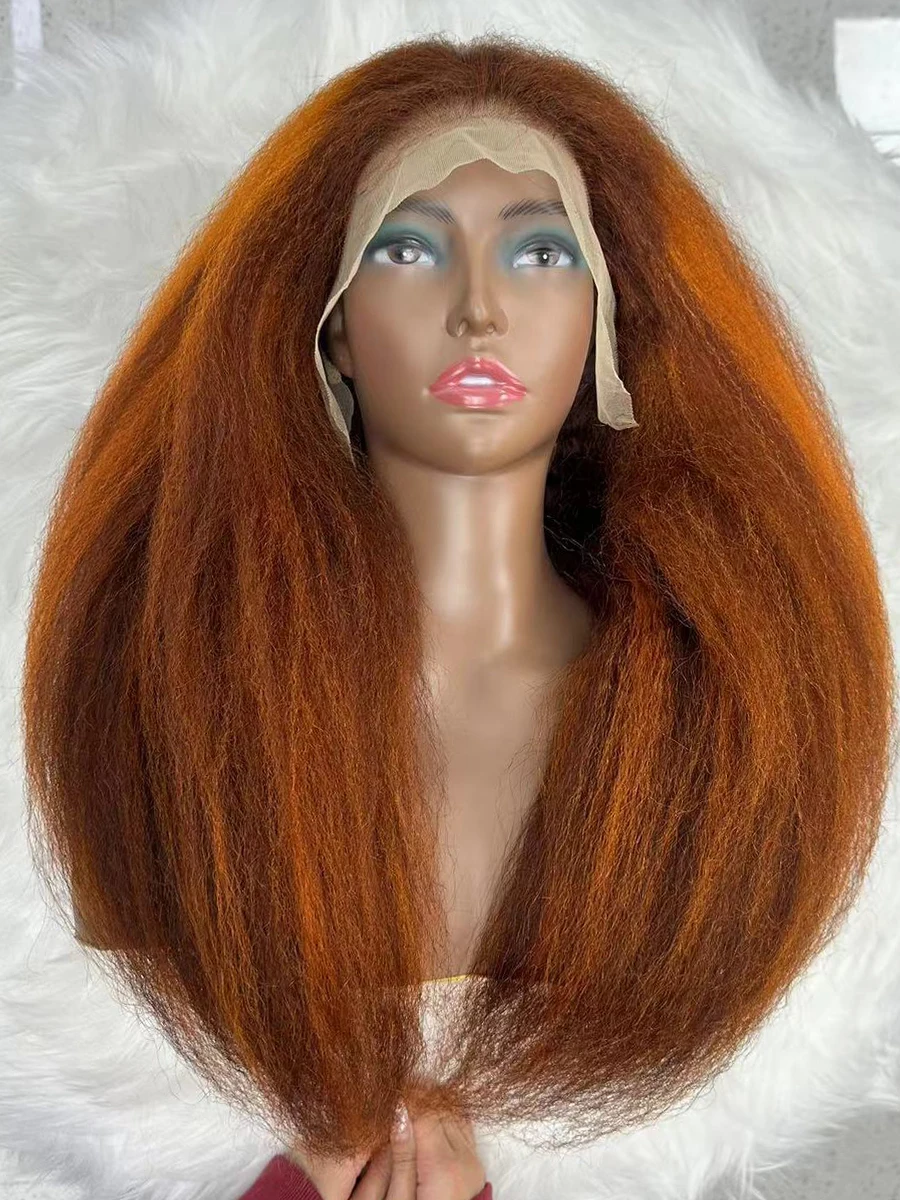 Highlight Kinky Straight Wigs Brazilian 13x4 Lace Front Human Hair Wigs For Women Preplucked 4/350 Ginger Orange Brown Colored W