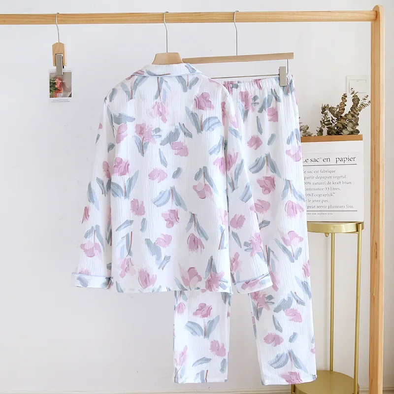 2024 primavera y otoño nuevo conjunto de pijama para mujer 100% pantalones de manga larga de algodón conjunto de dos piezas cárdigan de talla grande