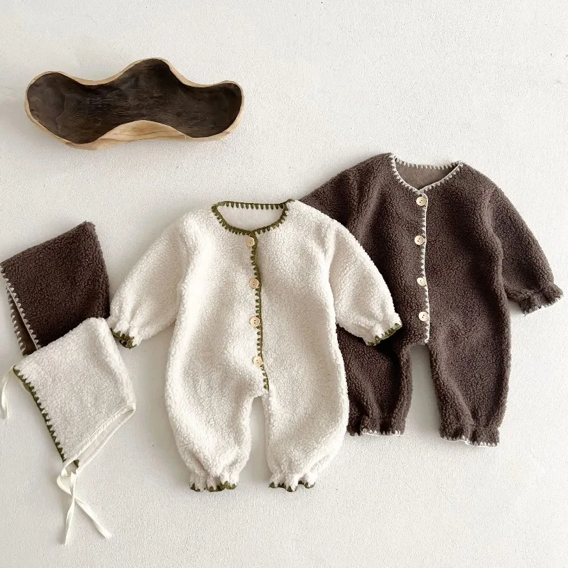 ZOETOPKID Baby Jumpsuit with Velvet in Autumn and Winter Warm Baby Boy's One Piece Clothes Girl's Climbing Clothes with Hat