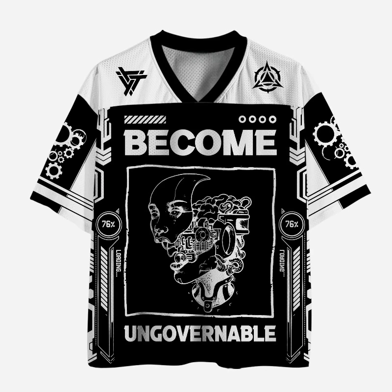 Color Block Mesh V Neck Sports Jersey Summer Full Print Steampunk Gear Split Human Face Tech Frame Graphic Short Sleeve Tee