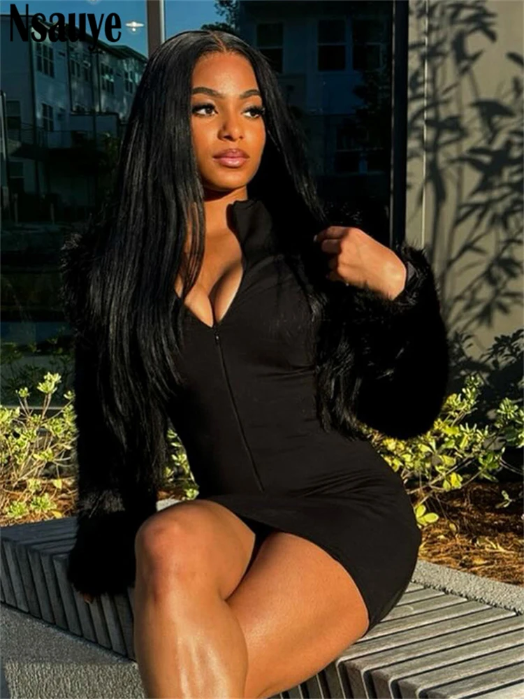 Nsauye Nepbont Lange Mouw Vrouwen Chic Zwart Bodycon Mini Mode Jurk Outfits Y2K Wrap Avondfeest Sexy Night Cub Jurk 2025