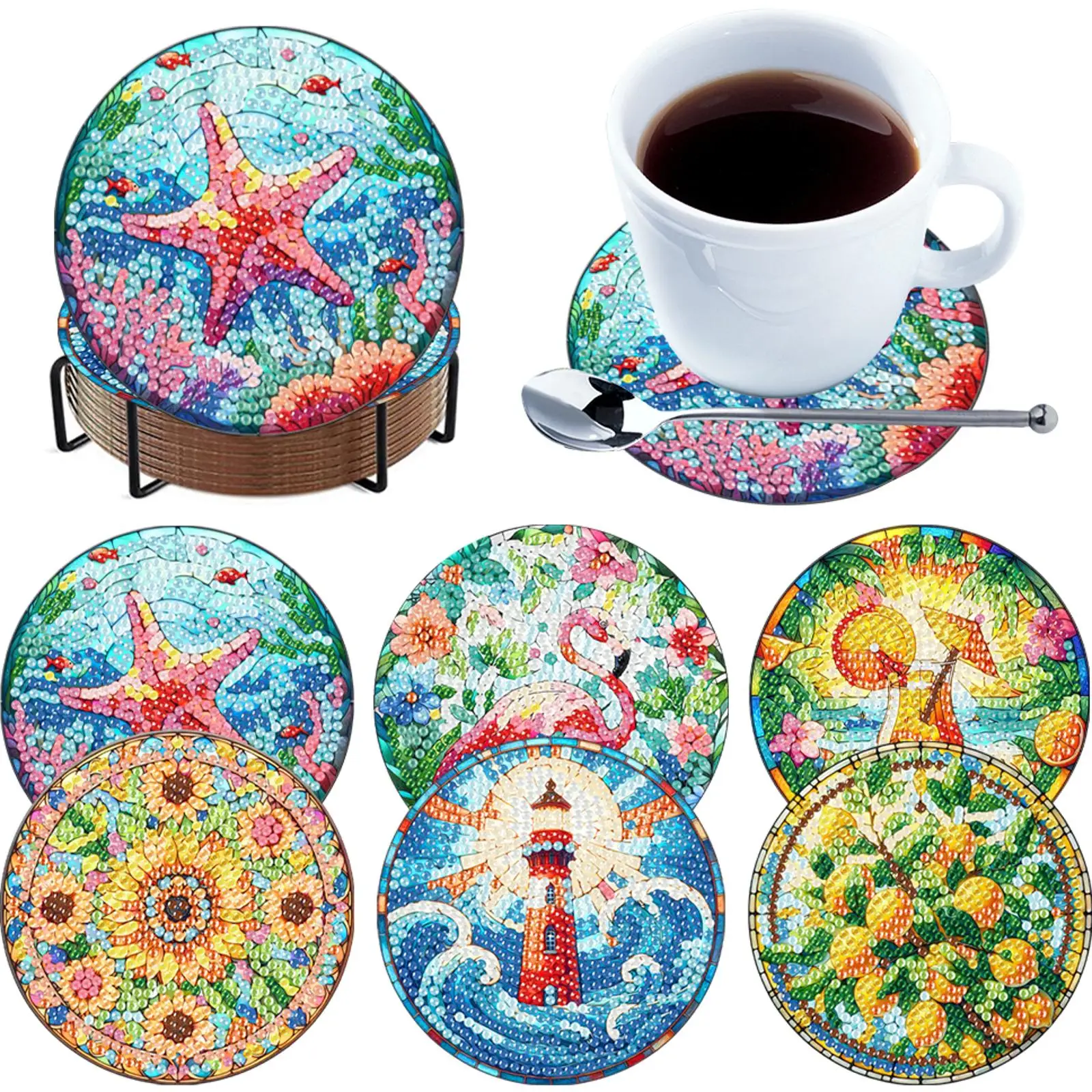 

6pcs DIY Full Drill Diamond Coaster Can Be Washed With Water Diamond Painting Art Coaster Kit for Adults Beginner Gift Supplies